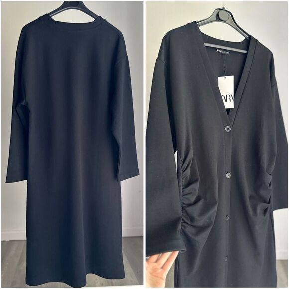 NWT Zara Ruched Black Cardigan Dress Small - Picture 2 of 4